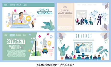 Online Consultant, Office and Street Working, Business Chatbot Flat Vector Web Banners, Landing Pages Set. Clients Helpline, Partners Meeting, Working Freelancer, Business Presentation Illustration