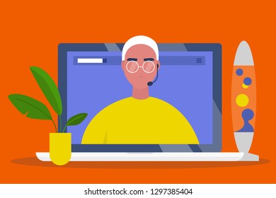 Online consultant. Operator wearing a headset. Video call. Modern technologies. Artificial intelligence. Chat bot. Young male character on a laptop screen. Flat editable vector illustration, clip art