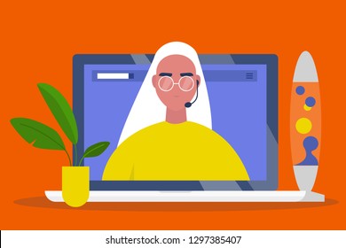 Online consultant. Operator wearing a headset. Video call. Modern technologies. Artificial intelligence. Chat bot. Young female character on a laptop screen. Flat editable vector illustration