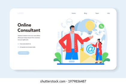 Online consultant service web banner or landing page. Research and recommendation. Sales strategy recomendation and troubleshooting. Help clients with business problems. Flat vector illustration