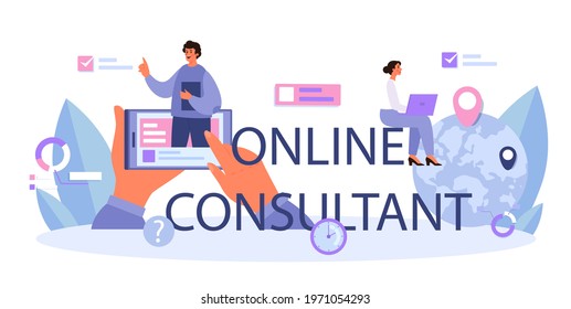 Online consultant typographic header. Research and recommendation. Strategy management and troubleshooting. Help clients with business. Isolated flat vector illustration