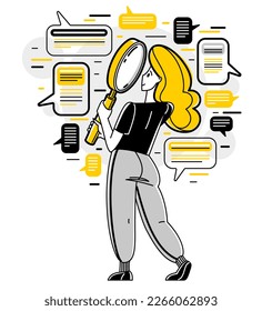 Online consultant working in support center helping and giving advices to customers, vector outline illustration, text messages in a messenger.