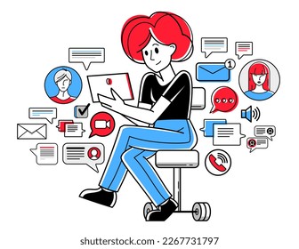 Online consultant working in support center helping and giving advices to customers, vector outline illustration, text messages in a messenger.