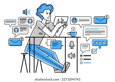 Online consultant working in support center helping and giving advices to customers, vector outline illustration, text messages in a messenger.