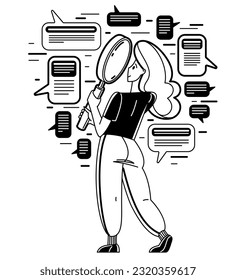 Online consultant working in support center helping and giving advices to customers, vector outline illustration, text messages in a messenger.