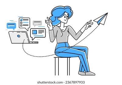 Online consultant working in support center helping and giving advices to customers, vector outline illustration, text messages in a messenger.
