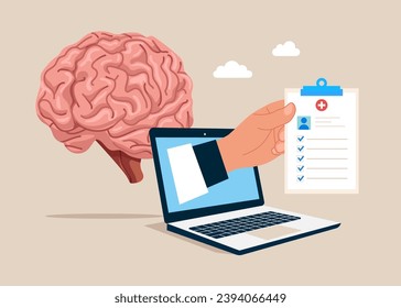 Online consultate with a patient. Vector illustration for cerebrum. Brain disease research. Flat vector illustration
