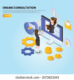 Online consultation 3d isometric vector illustration concept for banner, website, landing page, ads, flyer template
