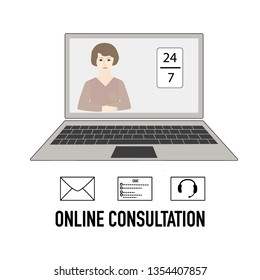 Online consultation at any time, flat style, vector illustration for cover, banner