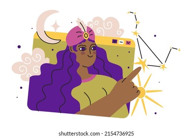 Online consultation with an astrologer. Find out fate by the location of the stars. Astrology and business. Drawing up a horoscope according to the natal chart. Flat style. Vector illustration.