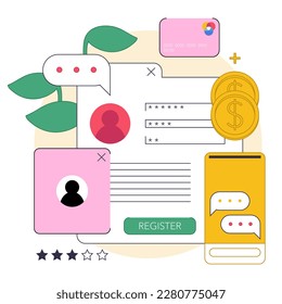Online consultation. Character making money on consulting services. Passive income in the internet. Easy way to receive profit online. Flat vector illustration