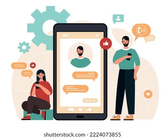 Online consultation concept. Man and woman near smartphone. Technical support, FAQ and answers to frequently asked questions, feedback. Assistant and Helper. Cartoon flat vector illustration