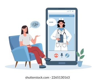 Online consultation concept. Patient communicates with doctor on smartphone screen, online help. Health care and regular visit. Telemedicine, video call on screen. Cartoon flat vector illustration