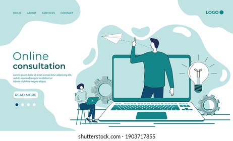 Online consultation.The concept of video tutorials, online education, online courses, Business negotiations using an online connection.Flat vector illustration.The template of the landing page.