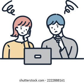 Consulta en línea Pareja perpleja y ansiosa Simple ilustración