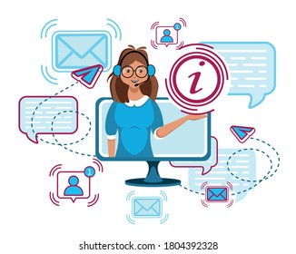 Online consultation. Customer support concept. Call center. Hot line. Professional operator support, communication help clients. Female online consultant. Vector illustration. Cartoon character. 