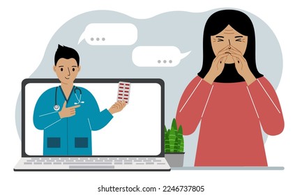 Online consultation with a doctor. A arabic woman in pain holds his hands to his face and communicates through a laptop with a doctor. Vector flat illustration