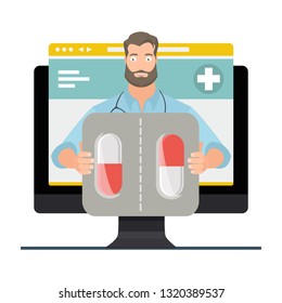 Online consultation with the doctor. Online doctor concept. Online medical service, consultation and support, medical assistance by internet.  Vector illustration.
