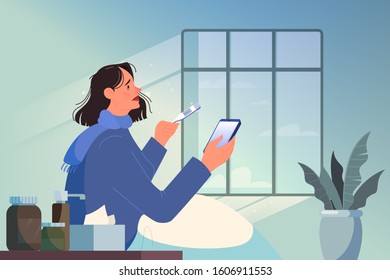 Online consultation with doctor concept. Remote medical treatment. Mobile service. Sick woman with a heat call a doctor. Isolated flat illustration