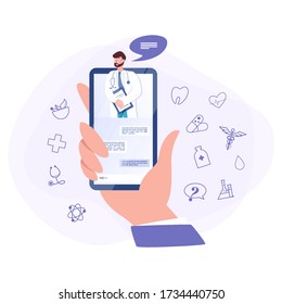 Online consultation with doctor concept. Remote medical treatment. Idea of digital technology and smart medicine. Diagnostic through device. Isolated flat illustration