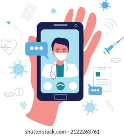 Online consultation with doctor concept. Remote medical treatment. Healthcare concept of digital technology. Consultation and treatment via  of Smartphone or Computer. Isolated flat illustration