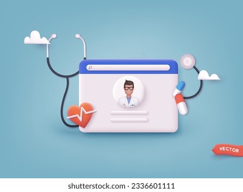 Online consultation doctor concept, online tele medicine and healthcare application for website. Advise or consultation service, tele medicine. 3D Web Vector Illustration.