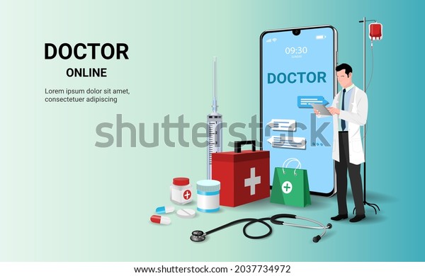 Online consultation doctor concept, online\
tele medicine and healthcare application for website. medical\
consultation, Online diagnostics, Ask a doctor, Online doctor\
concept. 3D vector\
illustration