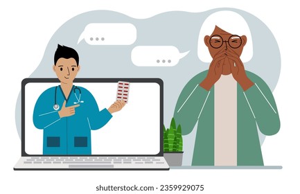 Online consultation with a doctor. A grandmother in pain holds his hands to his face and communicates through a laptop with a doctor.