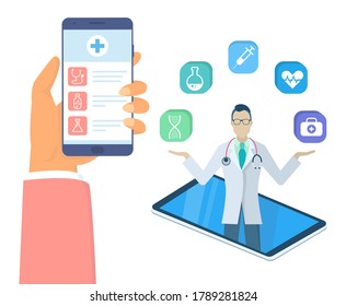 Online consultation with doctor. Hand holding phone with medical app. Remote medical consultation. Virtual medicine, online diagnostic. Distance medicine. 3d doctor at phone with medical icons