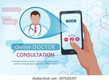 Online consultation doctor. Online live doctor consults and helps the patient. Website application design for medicine and healthcare. Medical assistance and diagnostics via the Internet. Vector