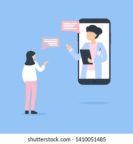 Online consultation with doctor. Modern healthcare technologies. Hospital. Young female character talking with female doctor or gynecologist on smartphone screen. 