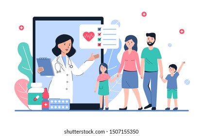 Online consultation with doctor. Modern healthcare technologies. Mobile app family medicine. Control care health service. Flat vector modern banner, template, poster illustration.