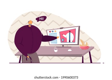 Online consultation with doctor. Old man talking with medical professional flat vector illustration. Healthcare, online medicine, technology concept for banner, website design or landing web page