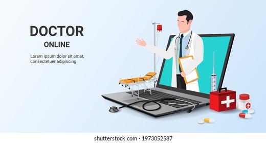 Online consultation doctor on laptop app. online medical consultation, tele medicine. Online healthcare and medical consultation. Digital health concept. 3D vector