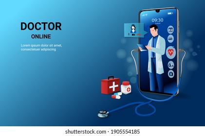 Online consultation doctor on mobile app with male doctor standing. Online medical clinic, tele medicine, Online healthcare, diagnostics and medical consultation, Digital health concept. 3D vector