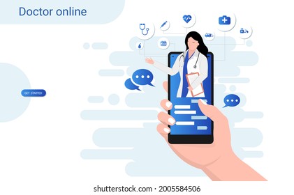 Online consultation doctor on mobile app with female doctor through the phone screen. Online medical clinic, tele medicine, Online healthcare and medical consultation, Digital health concept.3D vector