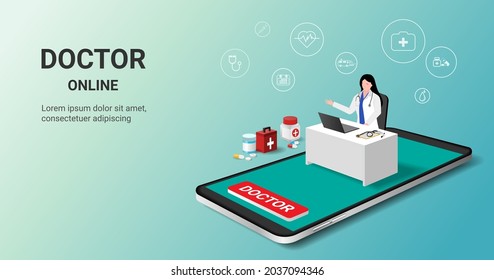 Online Consultation Doctor On Mobile App With Female Doctor. Online Medical Clinic, Tele Medicine, Online Healthcare And Medical Consultation, Healthcare Service, Digital Health Concept. 3D Vector