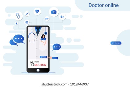 Online Consultation Doctor On Smartphone App With Doctor And Patient On Screen. Online Medical Clinic, Tele Medicine, Online Healthcare And Medical Consultation, Digital Health Concept. Vector