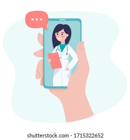 Online Consultation With A Doctor On A Video Call In A Smartphone. Concept For Medical Web Site Or App. Vector Flat Illustration