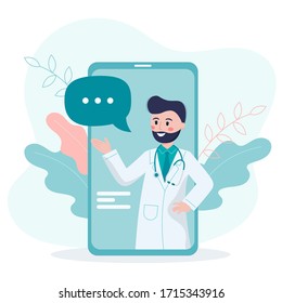 Online consultation with a doctor on a video call in a smartphone. Concept for medical web site or app. Vector flat illustration