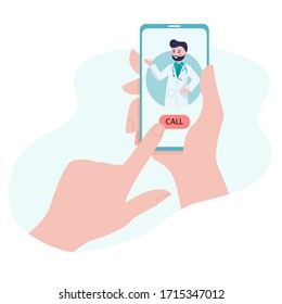 Online consultation with a doctor on a video call in a smartphone. Concept for medical web site or app. Vector flat illustration