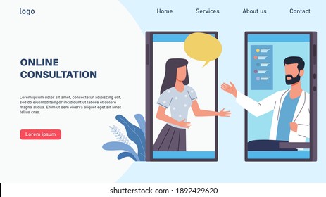 Online consultation. Doctor and patient landing page. Internet consultation male therapist and patient on smartphone device screen, video call with hospital specialist. Medical flat cartoon concept