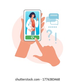 Online Consultation With A Doctor. Reception At The Hospital For A Video Call, Hands Holding A Smartphone With A Woman Doctor With A Stethoscope On The Screen. Flat Vector Illustration