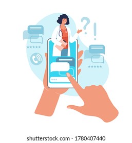 Online consultation with a doctor. Reception at the hospital for a video call, hands holding a smartphone with a woman doctor with a stethoscope on the screen. Flat vector illustration