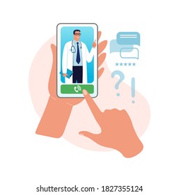 Online consultation with a doctor. Reception at the hospital for a video call, hands holding a smartphone with a man doctor with a stethoscope on the screen. Flat vector illustration