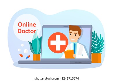 Online consultation with doctor. Remote medical treatment on the smartphone or computer. Mobile service. Isolated vector flat illustration