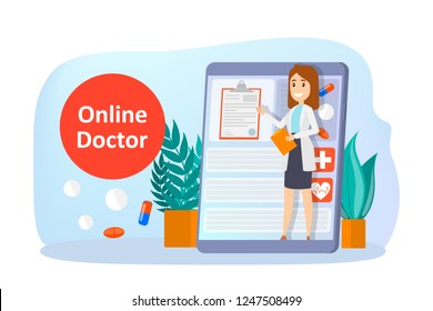 Online consultation with doctor. Remote medical treatment on the smartphone or computer. Mobile service. Isolated vector flat illustration