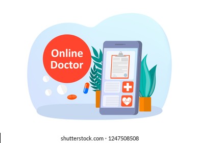 Online consultation with doctor. Remote medical treatment on the smartphone or computer. Mobile service. Isolated vector flat illustration