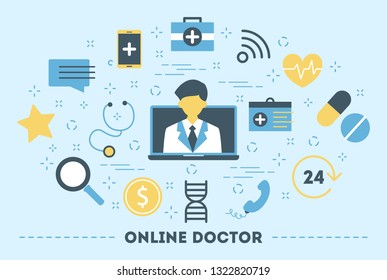 Online consultation with doctor. Remote medical treatment. Mobile service. Set of colorful icons. Isolated flat vector illustration