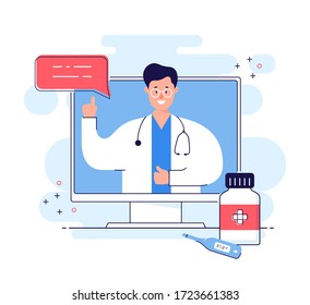 Online consultation with doctor remotely. Medical internet service for distant support or health care. Physician advises how to treat disease. Telemedicine concept isolated on white background. Vector